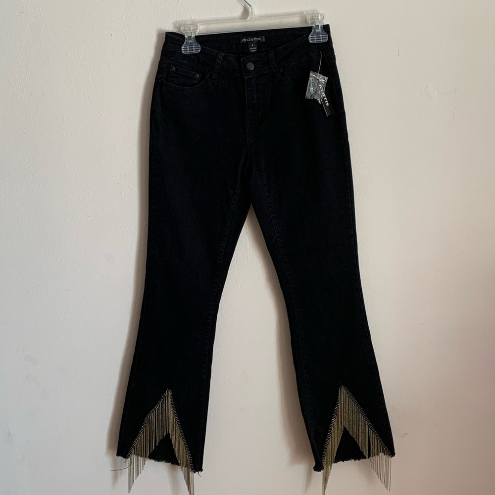 Juliette Chain Fringe Ankle Front Slit Detail Black Jeans Slit Front NWT